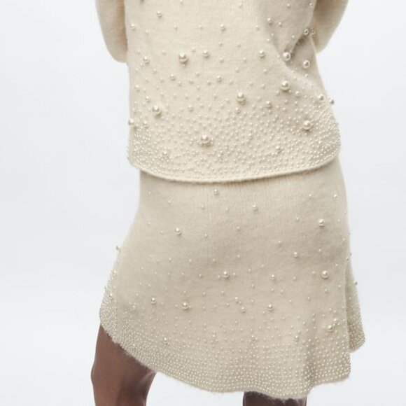 NWT ECRU BEIGE CREAM PEARL KNIT MINI SKIRT - Picture 5 of 10